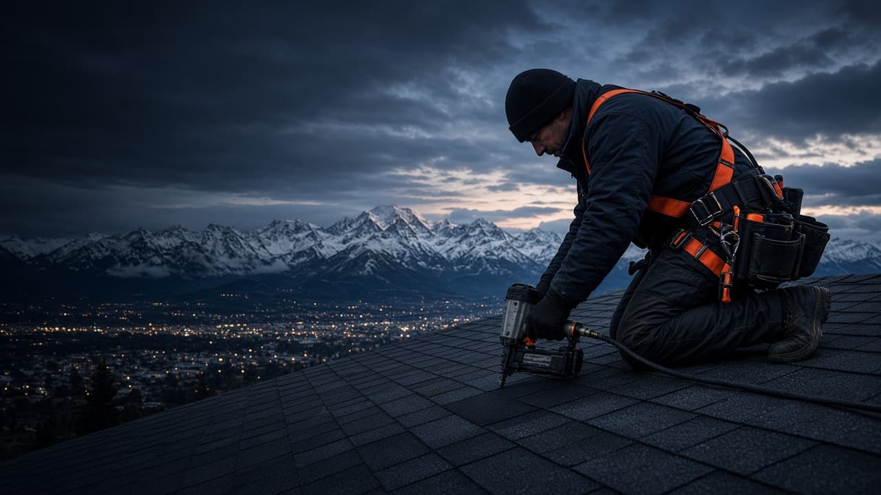 Roofer installing shingles on a roof overlooking the snowy mountains of Anchorage, Alaska