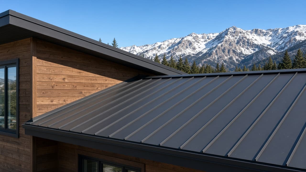 Close-up of a dark standing seam metal roof