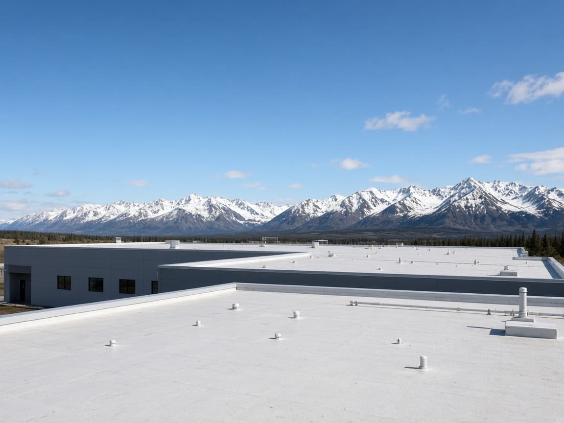 Flat white commercial roof with mountains on the horizon