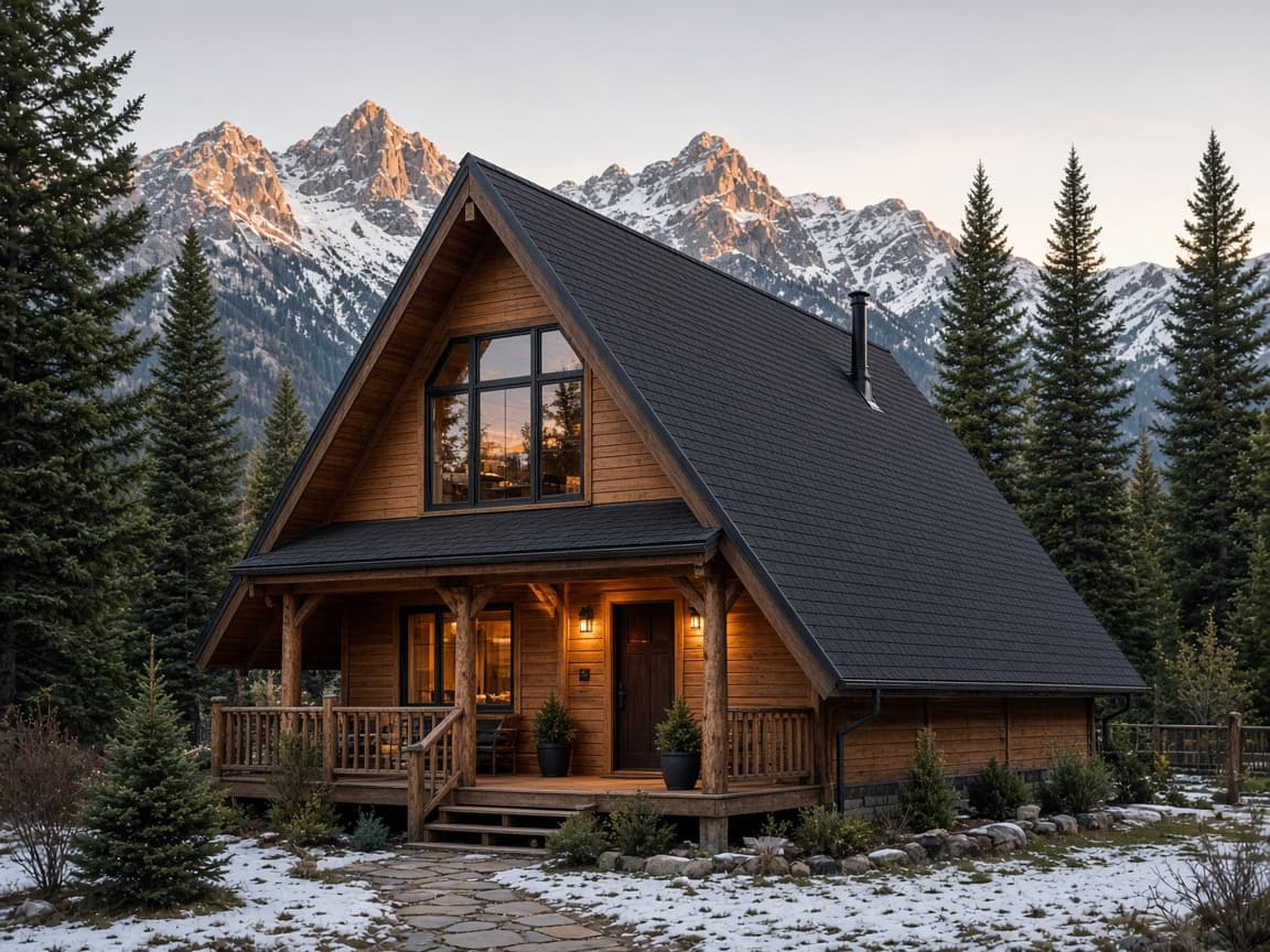 A-frame cabin with a new dark asphalt shingle roof