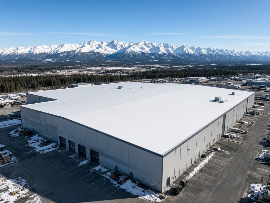 Aerial view of a commercial building with a flat white roof
