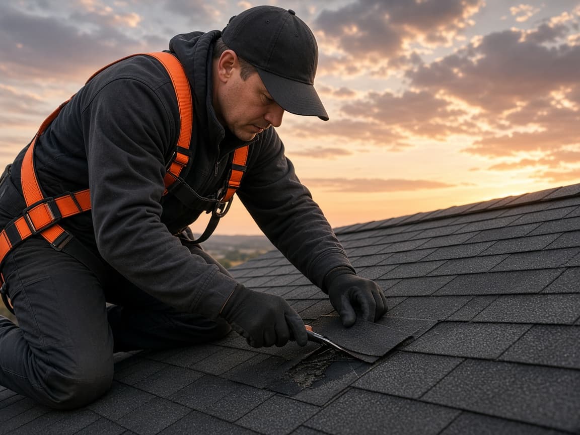 Roofer repairing asphalt shingles at sunset