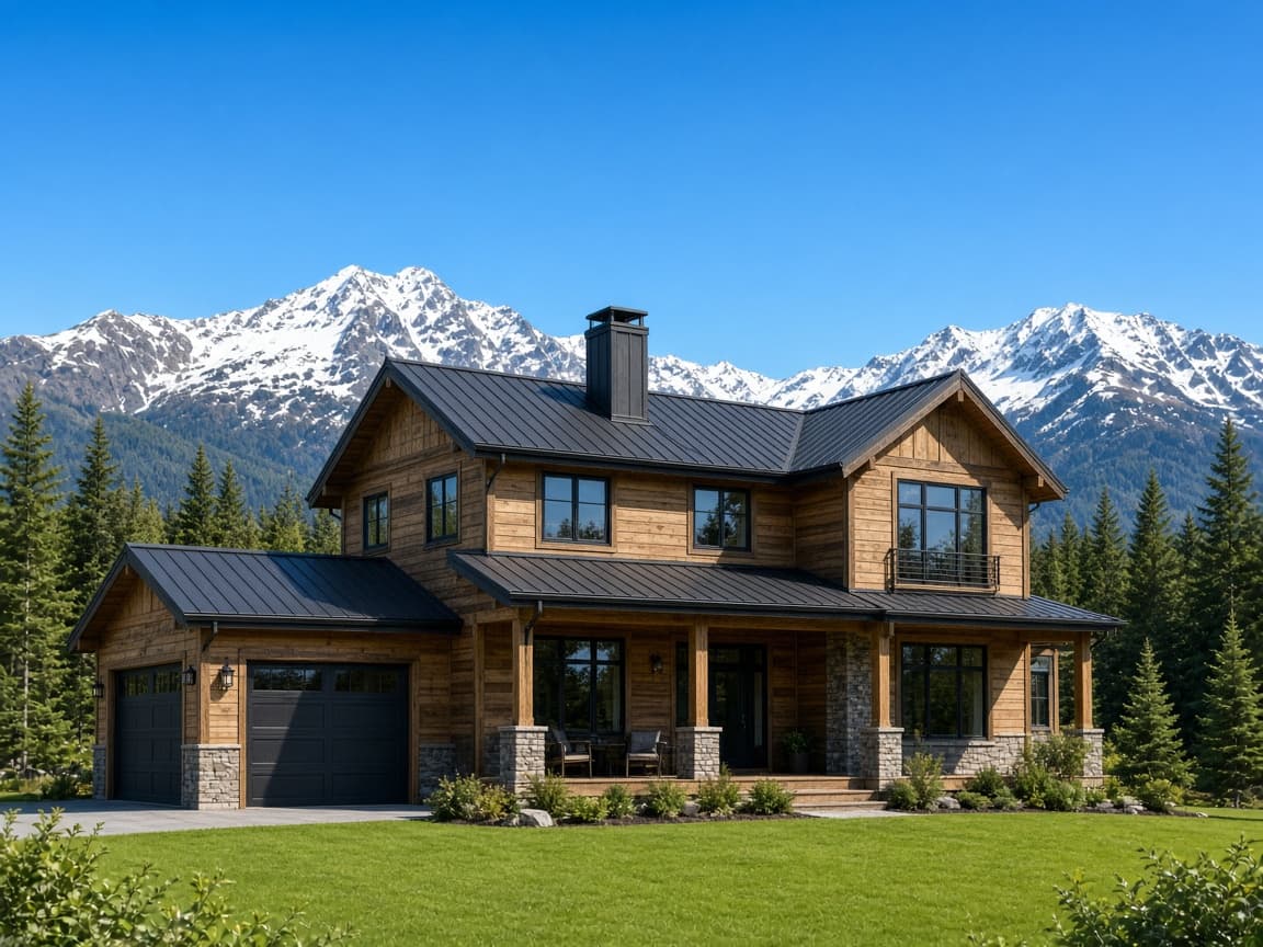 Wood home with a new metal roof in front of Alaska mountains